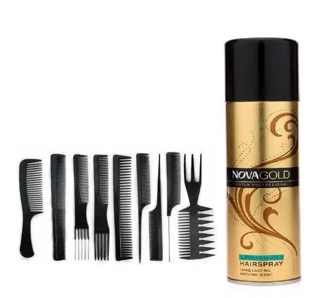 Plastic 10 Pcs Hair Care Comb Set with 200 ml NOVA Spray, Black, Set of 2