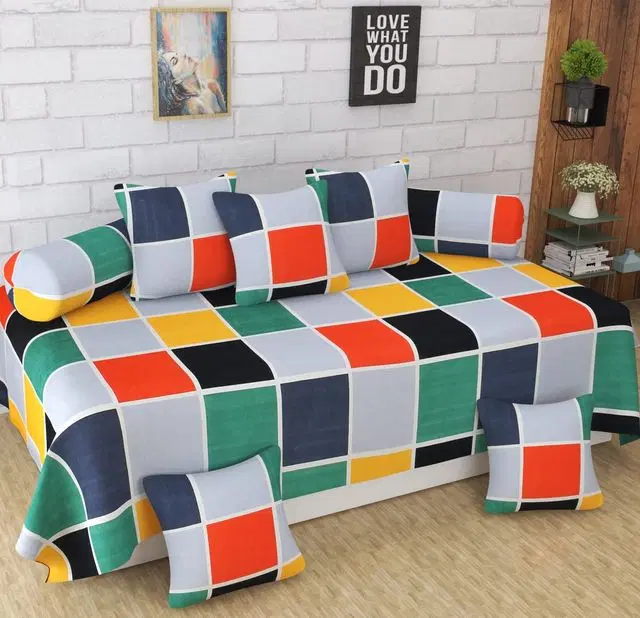 Swadeshi Style Stylish Regular Trendy Diwan Set 1 Single Bed Sheet With 5 Cushion Covers And 2 Bolster Covers), Multicolor, 150 cm X 230 cm, DD-43