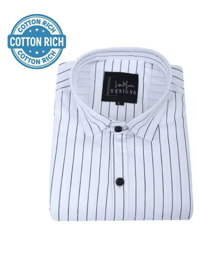 Cotton Blend Full Sleeves Striped Shirt for Men, White (M)