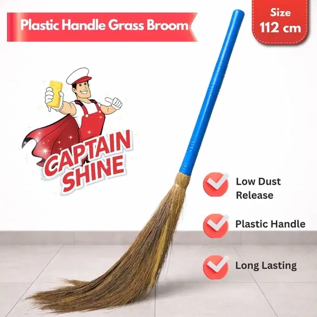 Captain Shine Grass Broom with Plastic Handle, 350g [Net], 112cm
