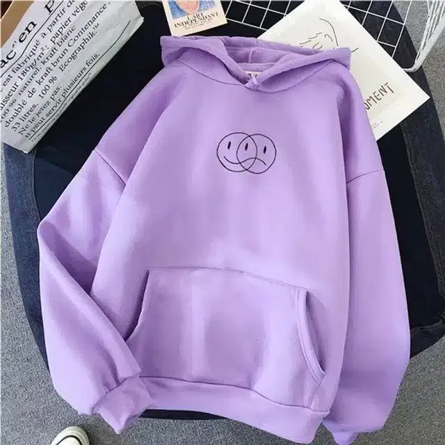 Fleece Self-Design Hoodies for Women (Lavender, L)