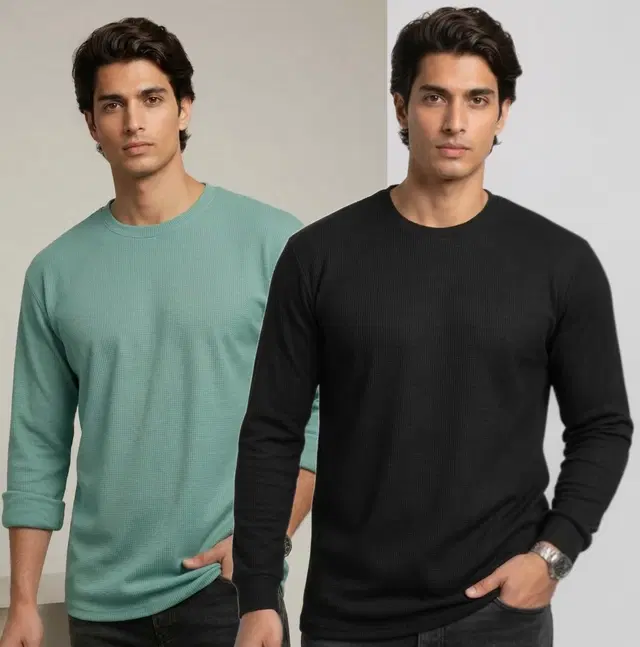 Polyester T-shirt for Men, Aqua & Black, Pack of 2 (M)