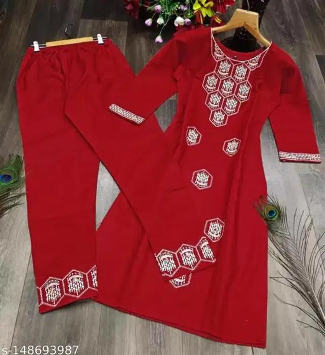 Rayon Embroidered Kurta with Pant for Women (Red, L)
