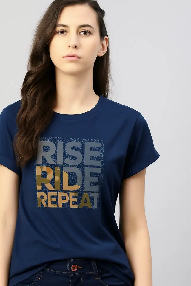 Round Neck Printed T-Shirt for Women, Navy Blue (M)