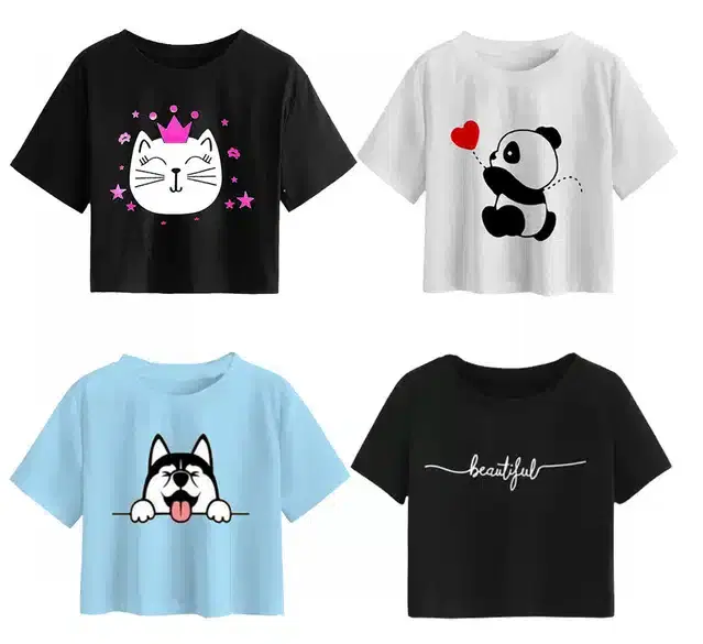 Cotton Printed Crop Tops for Girls, Pack of 4 (Multicolor, 14-15 Years)