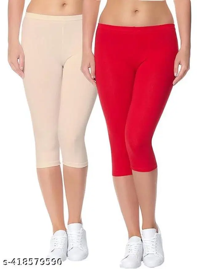 Cotton Lycra Capri for Women, Pack of 2 (Multicolor, M)