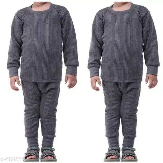 Cotton Blend Thermals Set for Kids, Set of 2 (Dark Grey, 1-2 Years)