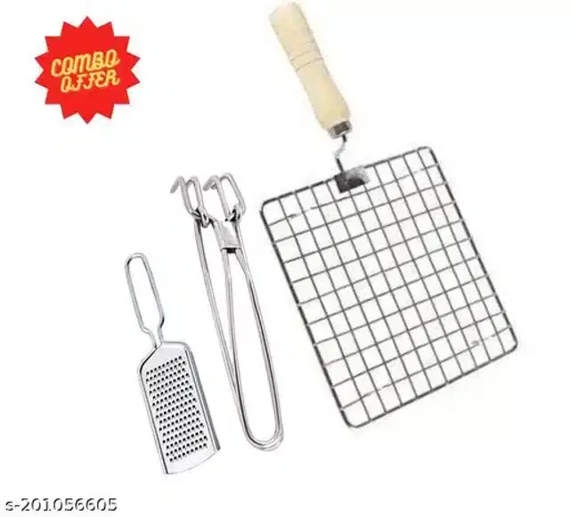Stainless Steel BBQ Grill with Cooking Tong & Cheese Grater, Silver, Set of 3