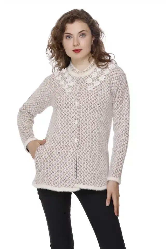 Woolen Embroidered Cardigan for Women (Cream, Free Size)