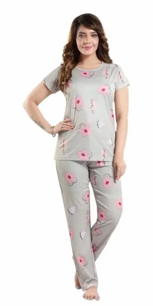 Satin Nightsuit for Women (Grey, XXL)