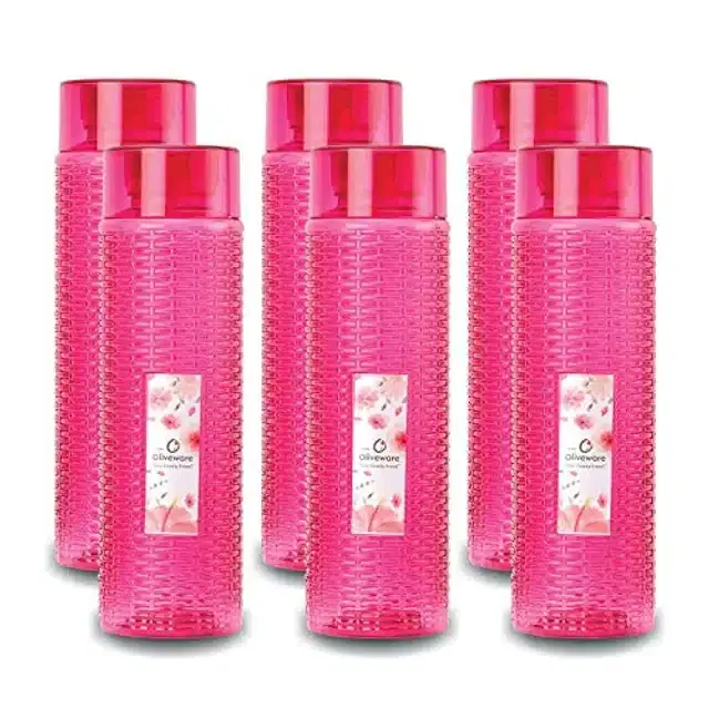 Airtight Plastic Water Bottle with Lid, Pink, 1000 ml, Pack of 6
