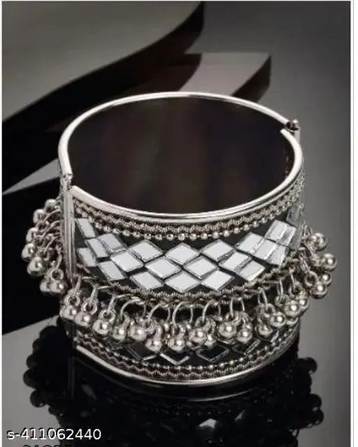 Pack of 1 Oxidised Silver Boho Free Size Afghani Mirror Ghungroo Bangle Kada for Women and Girls