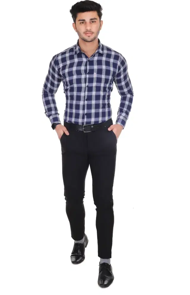 Cotton Blend Mens Checked Shirt Blue(M)
