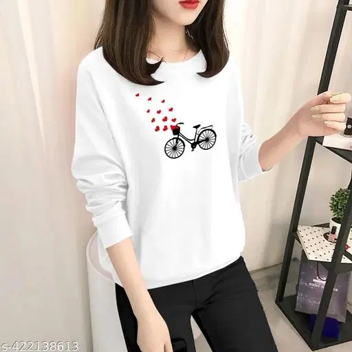 Cotton Blend Printed Sweatshirt for Women (White, S)