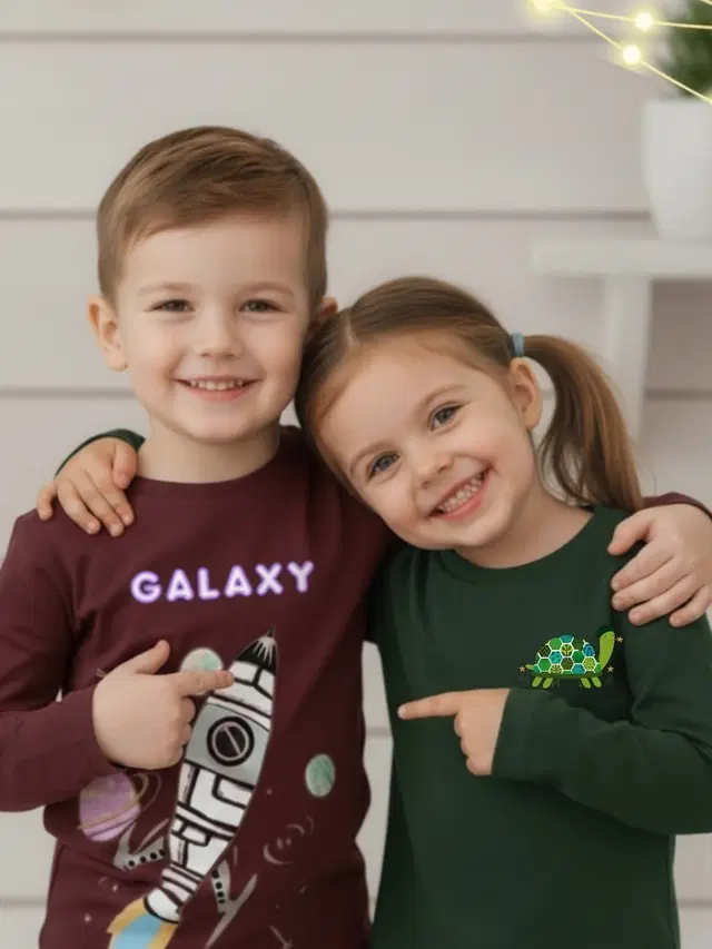 Cotton Printed T-Shirt For Kids, Green & Maroon, 2-3 Years, Pack Of 2