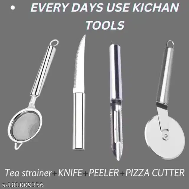 Stainless Steel Tea Strainer with Kitchen Knife, Peeler & Pizza Cutter, Silver, Set of 4