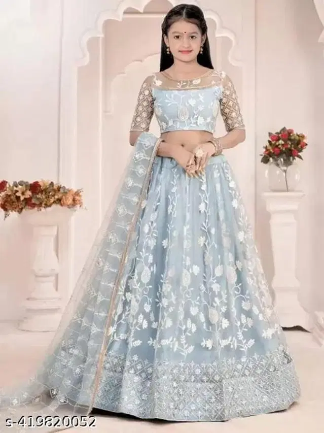 Net Lehenga with Choli & Dupatta for Girls (Blue, 5-6 Years)