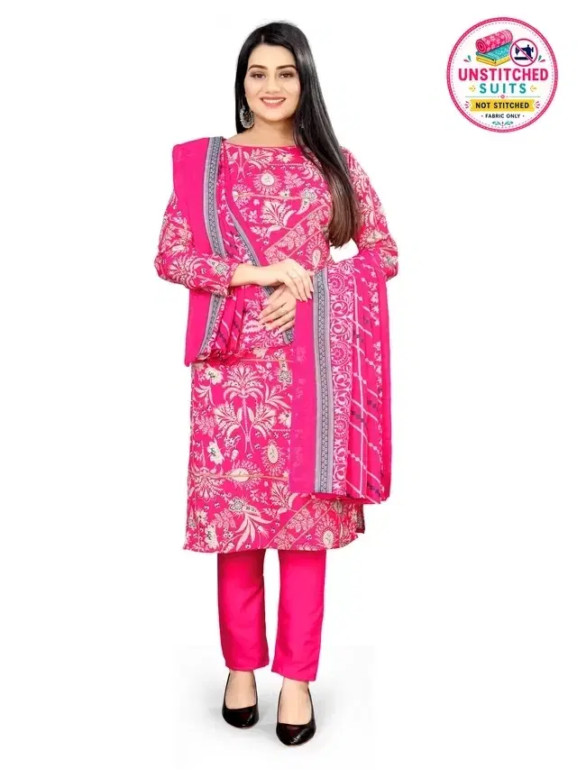 Cotton Blend Printed Unstitched Suit with Dupatta for Women, Pink