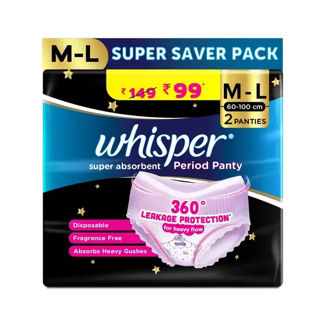 Whisper Super Absorbent Period Panty M-l 2 Pants, 360 Degree Leakage Protection For Heavy Flow