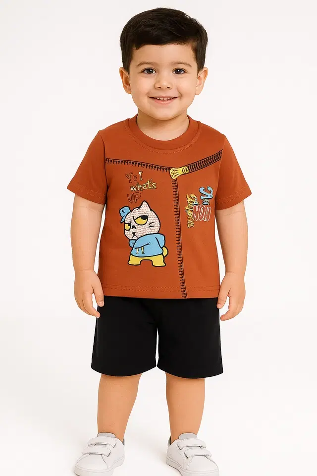 Solid Cotton Blend Top & Bottom Set for Boys (Rust, 6-12 M)