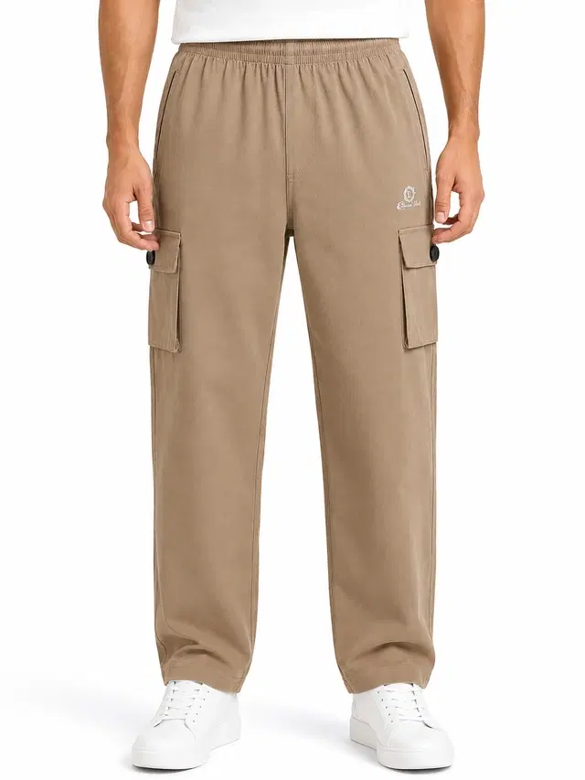 Solid Slim Fit High Rise Drawstring Polycotton Track Pants for Men (Beige, M)
