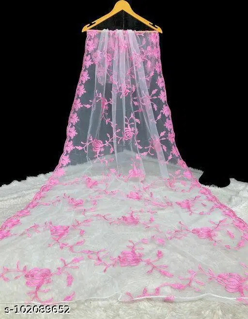 Embroidered Banarasi Net Floral Sewing & Embroidery (Pink, Free Size)