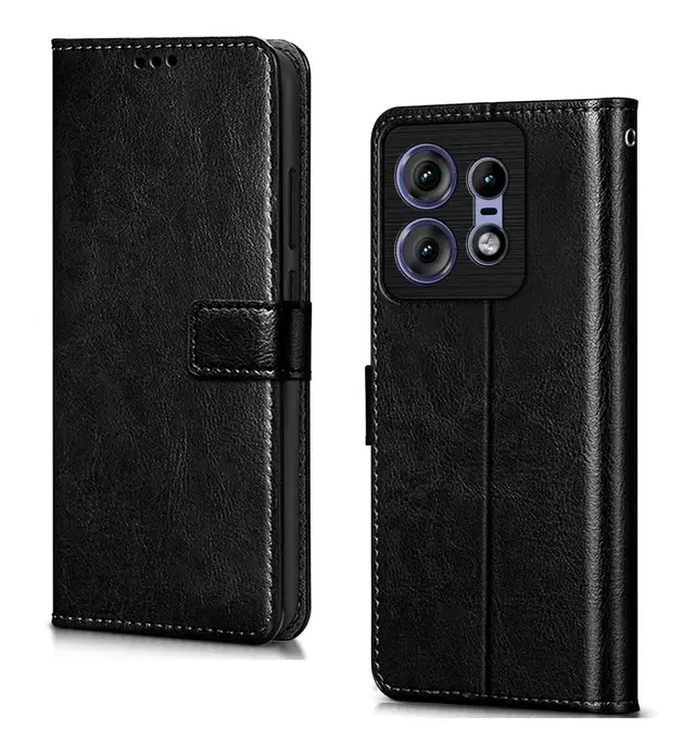 Artificial Leather Mobile Flip Cover for Motorola Edge 50 Pro 5G, Black