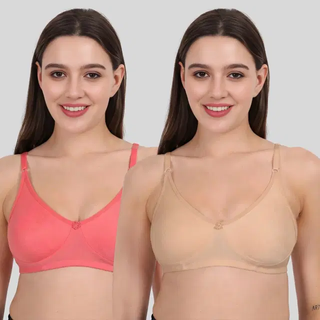 Cotton Bra for Women, Pink & Gold, Pack of 2 (28B)