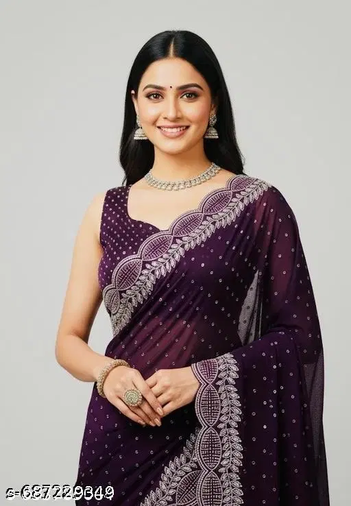 Chiffon Embellished Saree For Women, Purple