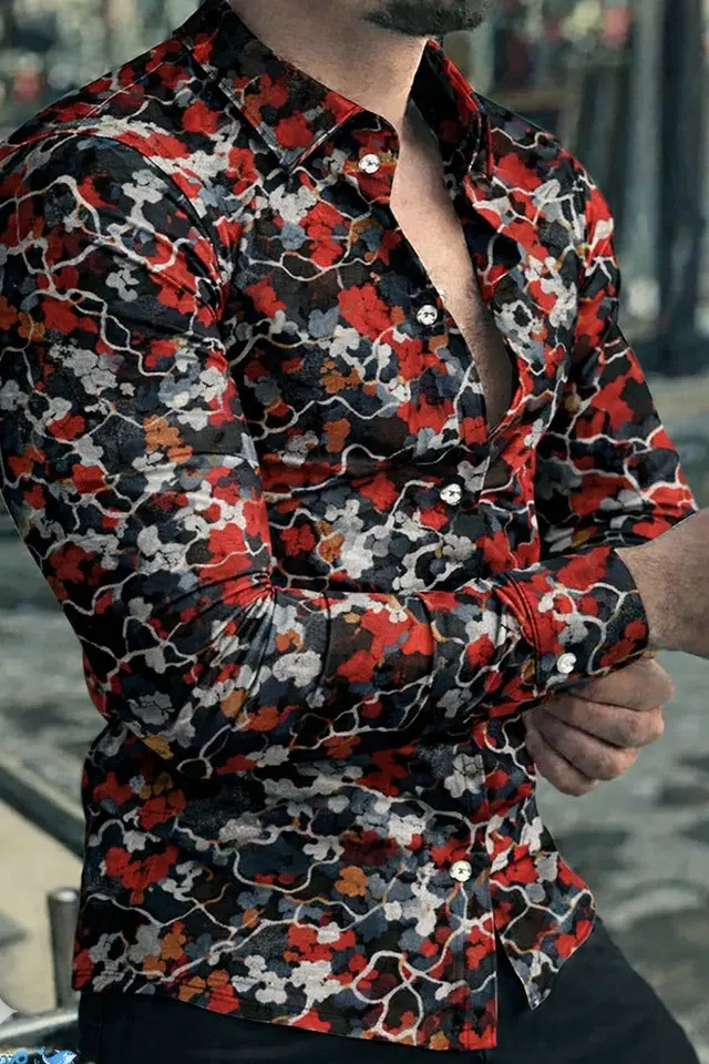 Lycra Geometric Print Shirt for Men, Red (S)