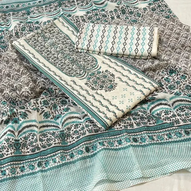 100% Cotton Print with Stone Unstitched Suit, Beige & Firozi (Free )
