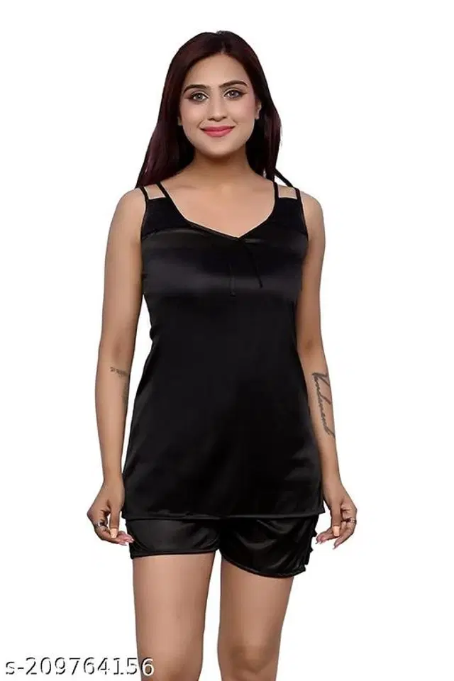 Satin Nightdress Set for Women (Black, M)