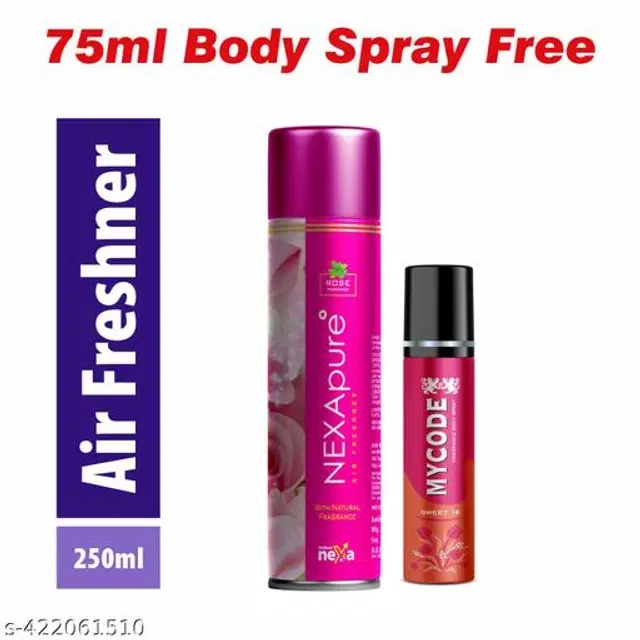 Nexa Rose Air Freshener, 250 ml with MYCODE Sweet 16 Body Spray, 75 ml, Set of 2