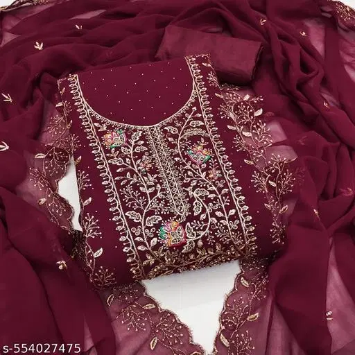 Embroidered Patiala Suits (Red, 6.85 meter (3XL)) (Red, 6.45 meter for Women (XL)