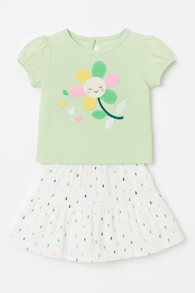 Cotton Printed Clothings Set for Girls, Green & White (0-6 Months)