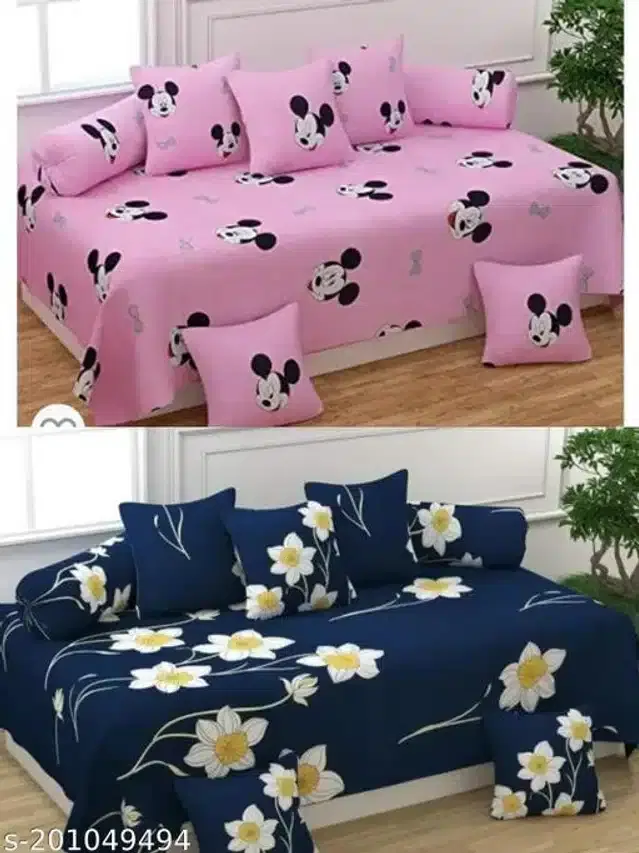 Polycotton Diwan Cover Set, Pink & Blue, Combo of 2