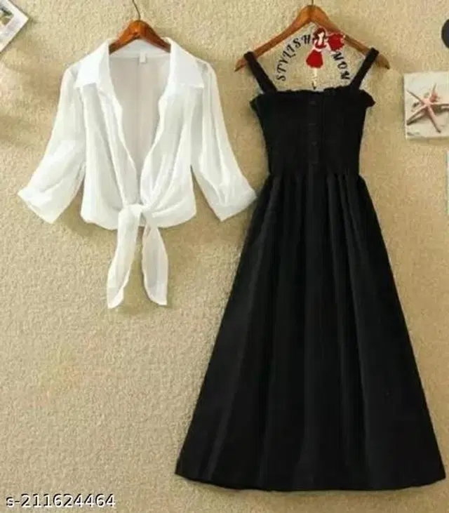 Poly Crepe Dress for Women (Black & White, L)