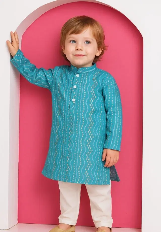 Cotton Blend Printed Kurta with Payjama for Boys, Teal & White (0-3 Months)