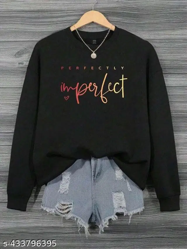 Fleece Printed Sweatshirt for Women (Black, S)