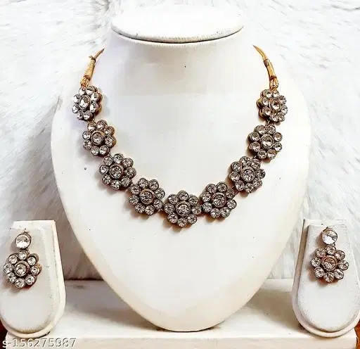 Beautiful Kundan Necklace Jewellery Set for Women & Girls, White, White