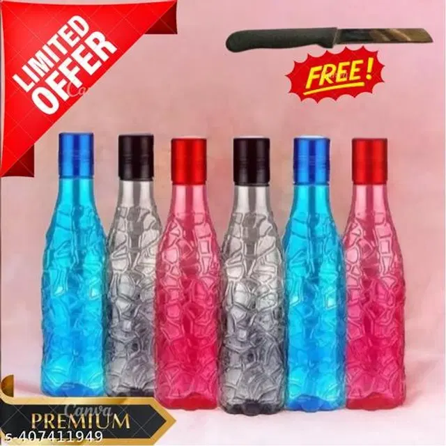 Plastic Water Bottles, Multicolor, 1000 ml, Pack of 6