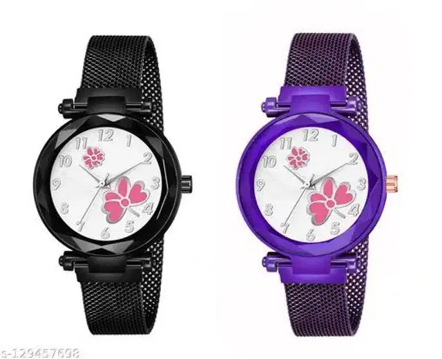 Analog Watch for Women, Pack of 2 (Purple & Black)