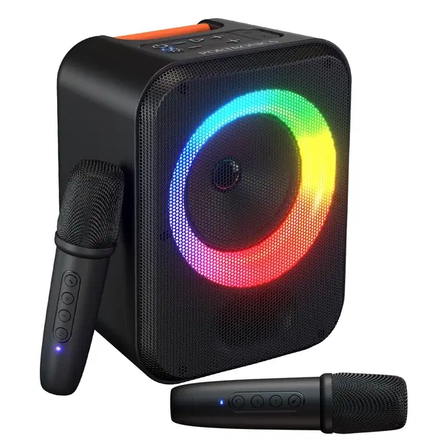 Portronics 30w Dash Wireless Bluetooth Portable Speaker With Dual Wireless Karaoke Mic, Echo Control, 5 Hour Playtime, Rgb Led Light, Bluetooth V5.4, Easy Grab Handle, Usb In, Type C Charging(Black)