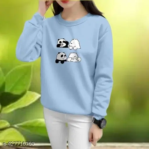 Cotton Printed Sweatshirt for Women (Sky Blue, XS)