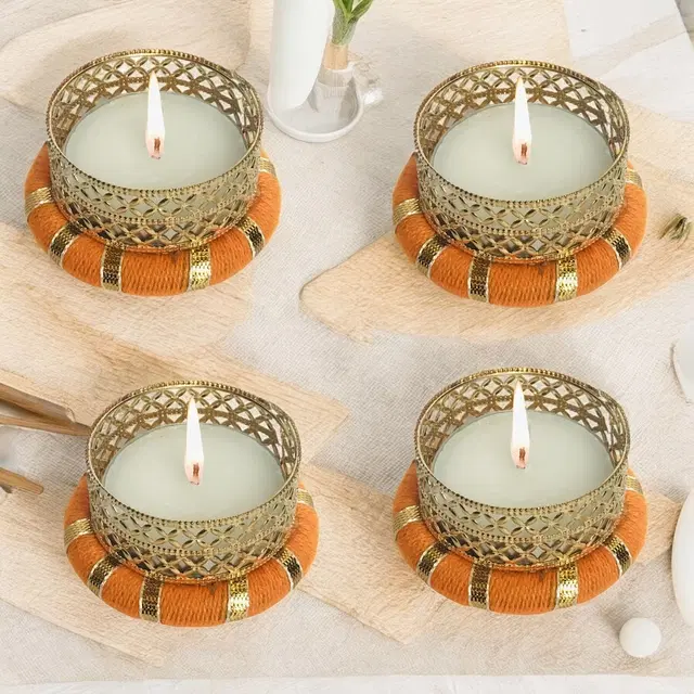 Metal Designer Tealight Candle Holder, Orange, 5x5x2 cm, Pack of 4