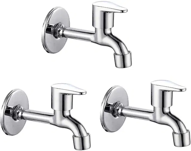 Stainless Steel Long Body Bib Cock Tap with Wall Flange, Silver, Set of 3