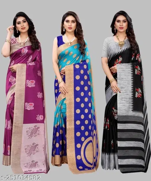 Elegant Art Silk Saree for Women, Pack of 3 (Blue, Free Size)