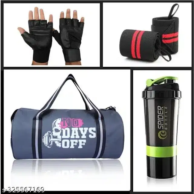 Combo of Gym Bag with Shaker Bottle, 400 ml, Gloves & Wrist Support Bands, Multicolor, Set of 4