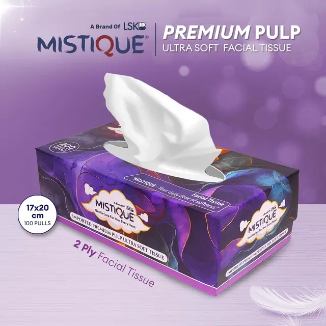 MISTIQUE 100 Pulls Facial Tissue Box, 2 Ply, 200 Sheets