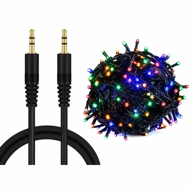 Combo Set of AUX Cable 1 Mtr & String LED Light 15m (Multicolor)